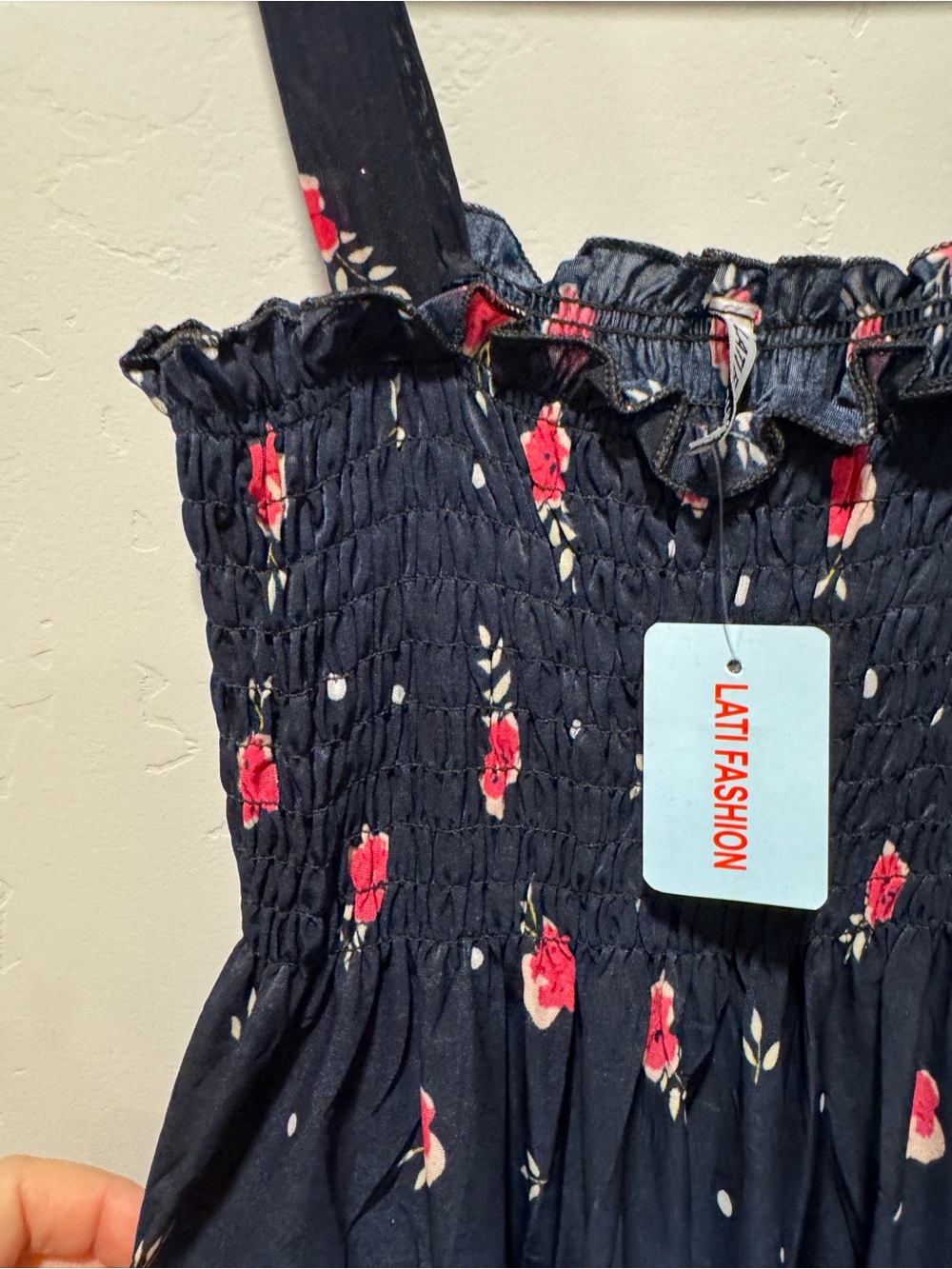 Navy Floral Smocked Sundress with Pink Accent Flowers size medium - Picture 3 of 6